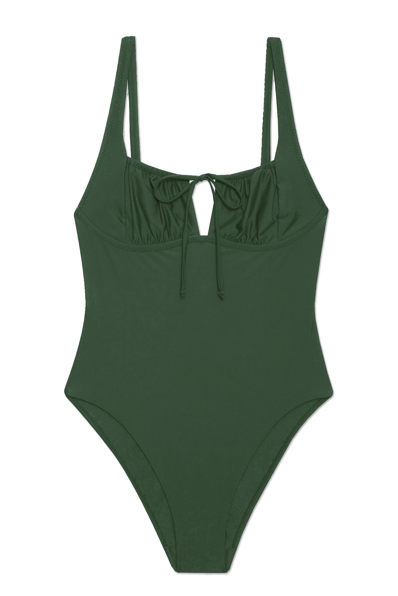 Green one piece swimsuit with a thin tie on a white background