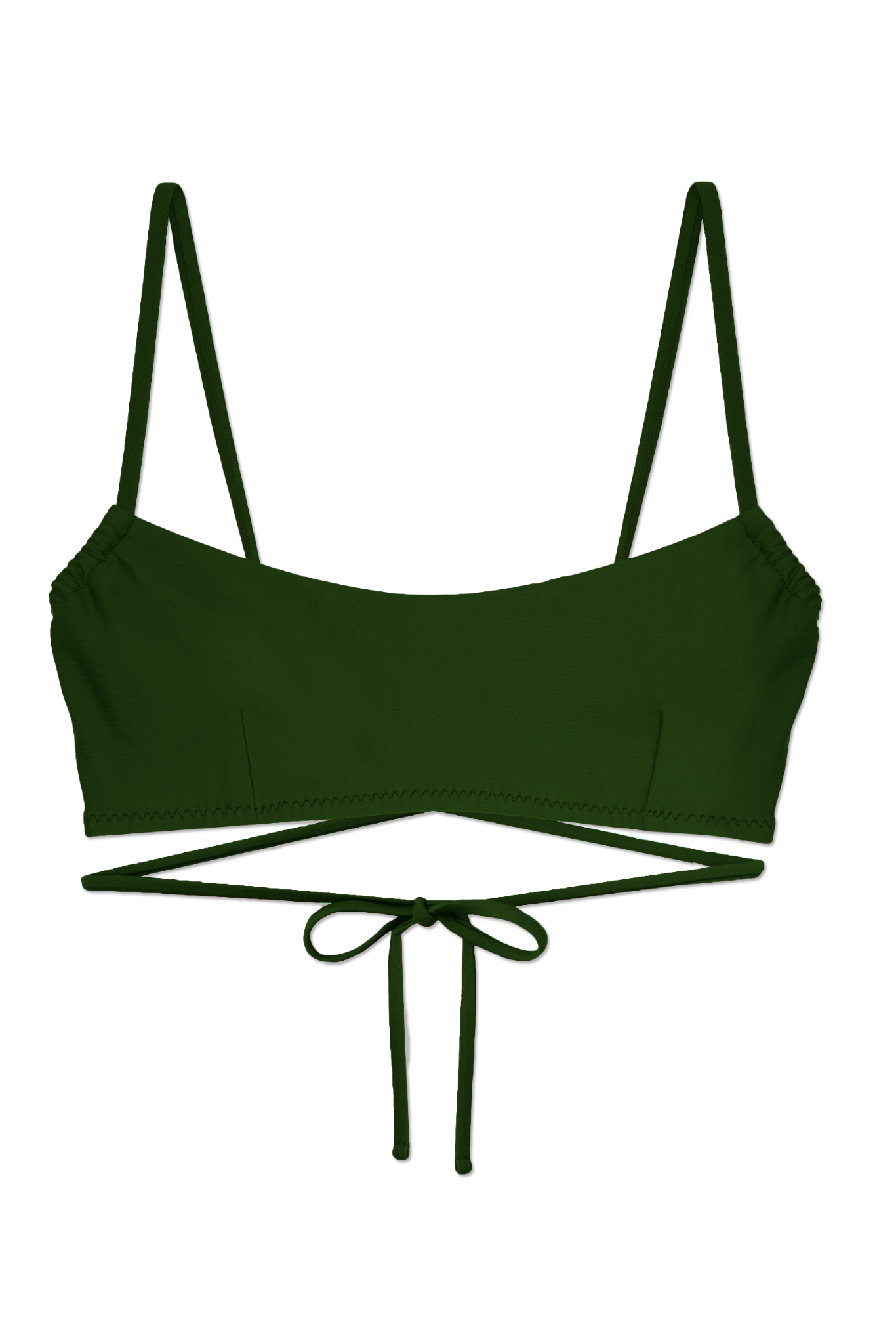 Green bikini top with thin straps on a white background